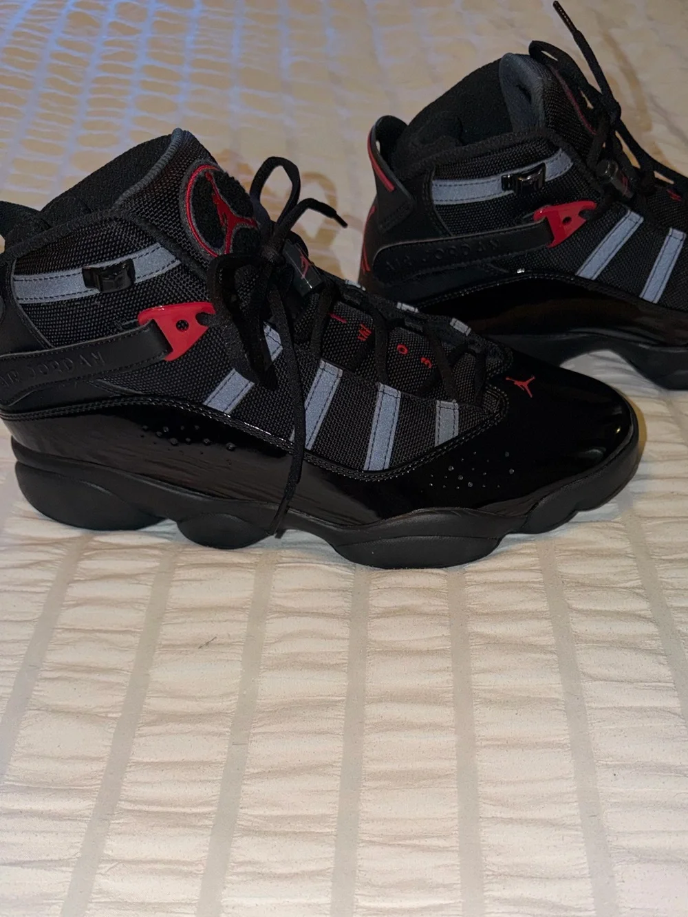 Jordan 6 Rings Anthracite Fire Red Men’s Black and Red High-Top Athletic Sneaker